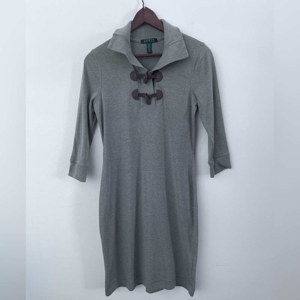 Lauren Ralph Lauren Knit Dress Cotton-Blend Toggle Button Gray Tunic Style M